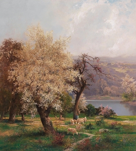 A Lake Landscape in Spring by Adolf Kaufmann [1848–1916]